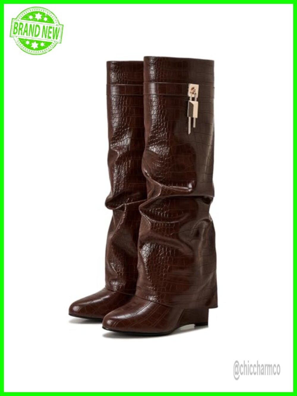 Knee High Fold Over Ruched Shark Boots 4 Inch Covered Wedge Heel Pull On